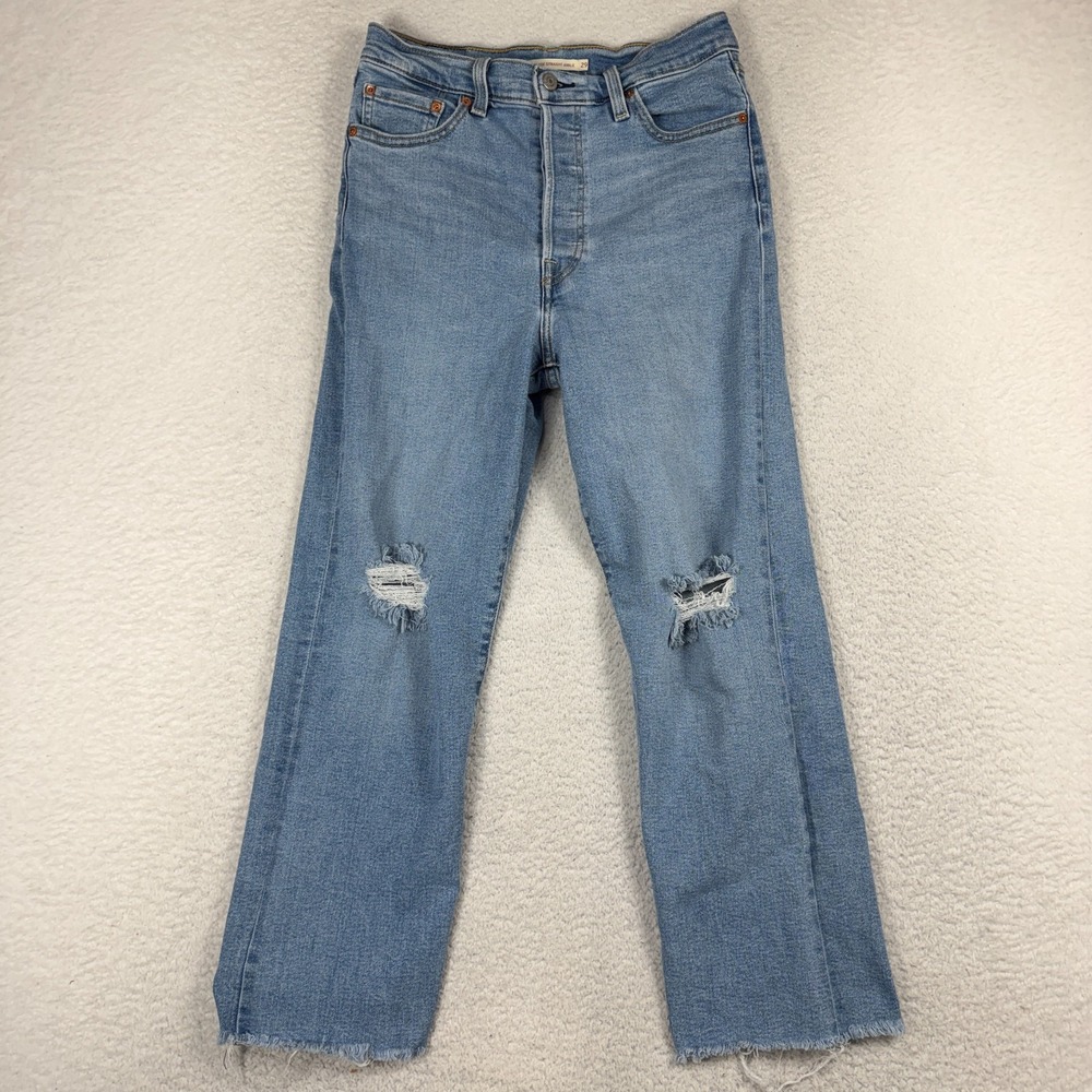 Levi Ribcage Straight Ankle Jeans Light Wash 29 (28.5x25) Distressed Stretch
